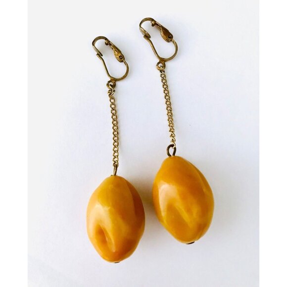 Vintage Butterscotch Bakelite Dangle Nugget Earrings Lever Back Mid Century MCM - Picture 1 of 8